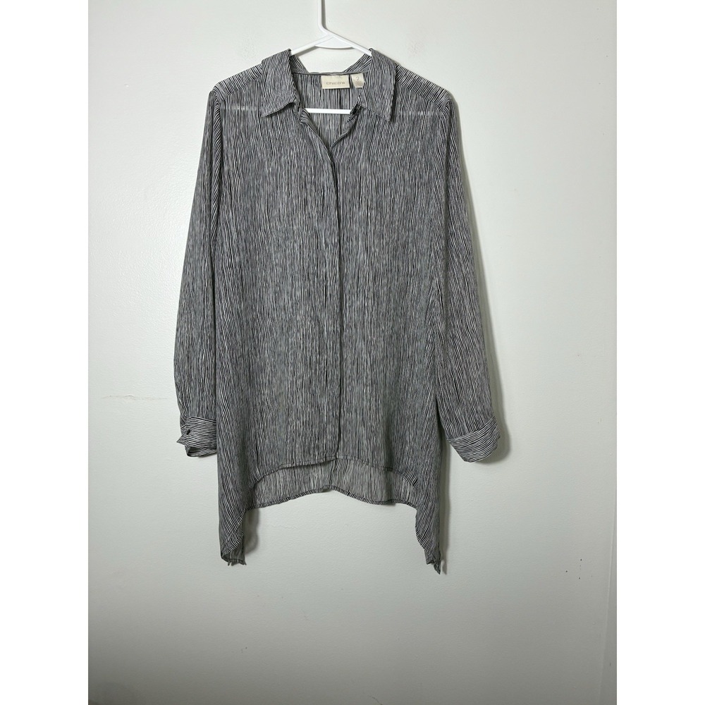 Chicos Button Front Long Sleeve Tunic Shirt Sz Large Striped Semi Sheer Casual